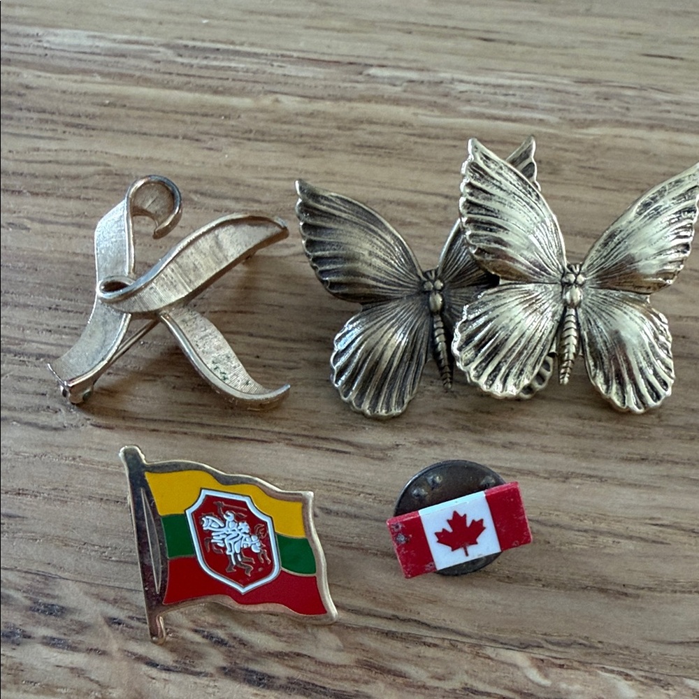 Gold Butterfly, k pin and Flags of Lithuania and Canada vintage collection